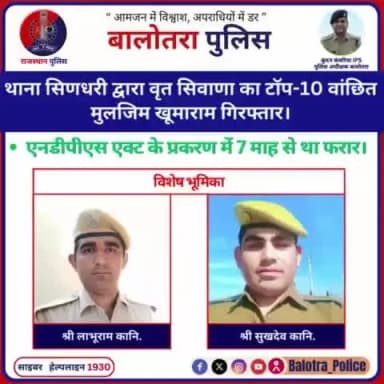 #Balotra:थाना सिणधरी द्वारा वृत सिवाणा का टॉप-10 वांछित मुलजिम खूमाराम गिरफ्तार।
एनडीपीएस एक्ट के प्रकरण में 7 माह से था फरार।
#BalotraPolice #BreakingNews #WellDoneCops