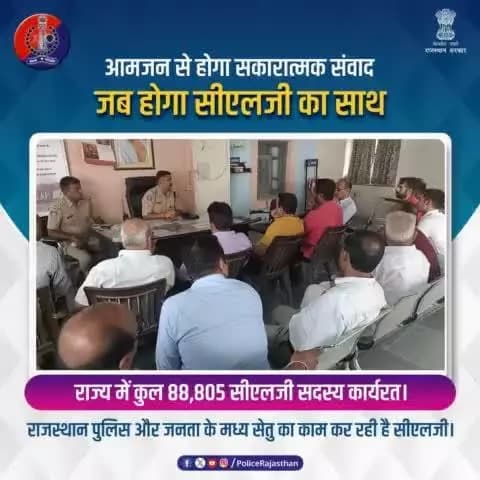 आपके और #राजस्थान_पुलिस के बीच विश्वास एवं सद्भाव कायम करने में सहायक बन रहे हैं #CLG के 88,805 सदस्य।
स्थानीय मुद्दों, विवादों और त्योहारों पर भी सुरक्षा व्यवस्था में भी करते हैं सहयोग।